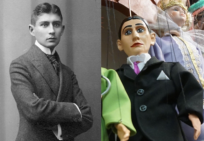Franz Kafka im Jahr 1906 und als Marionette in der Prager Altstadt im Jahr 2017. Wahrscheinlich hätte weder der Schriftsteller noch sein Verleger Kurt Wolff daran Gefallen gefunden.