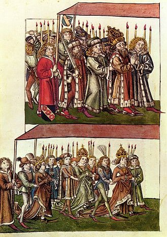 König Sigismund und Königin Barbara auf dem Zug ins Konstanzer Münster beim Konzil von Konstanz (aus: Chronik des Konzils von Konstanz, um 1440)